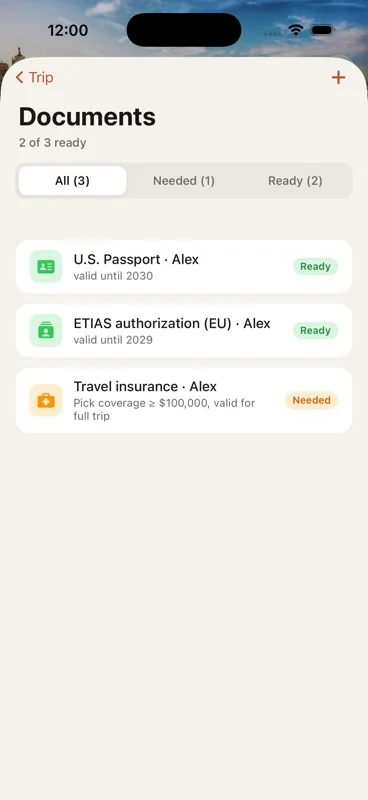 Documents domain with passport, visa, insurance