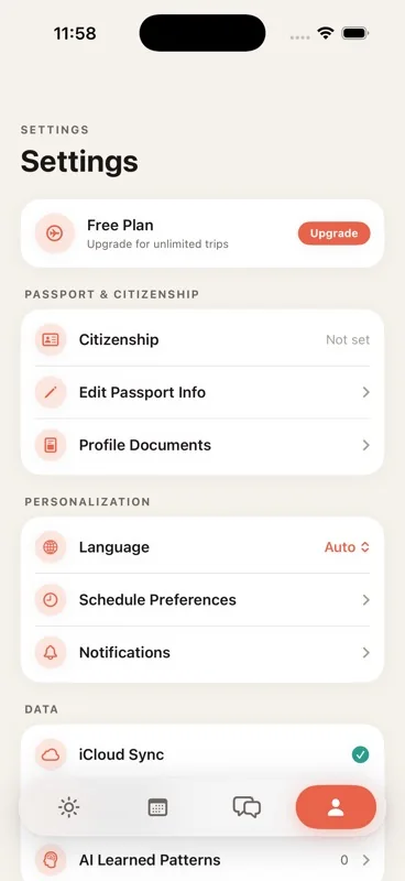 Settings root with passport, calendar, notifications