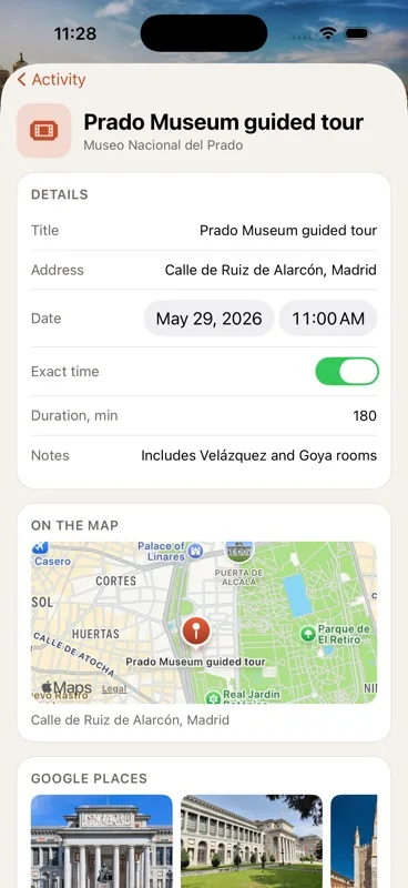 Prado Museum activity detail with map and photos