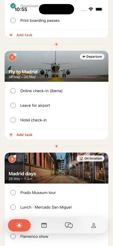 Stages timeline with Fly to Madrid and Madrid days cards